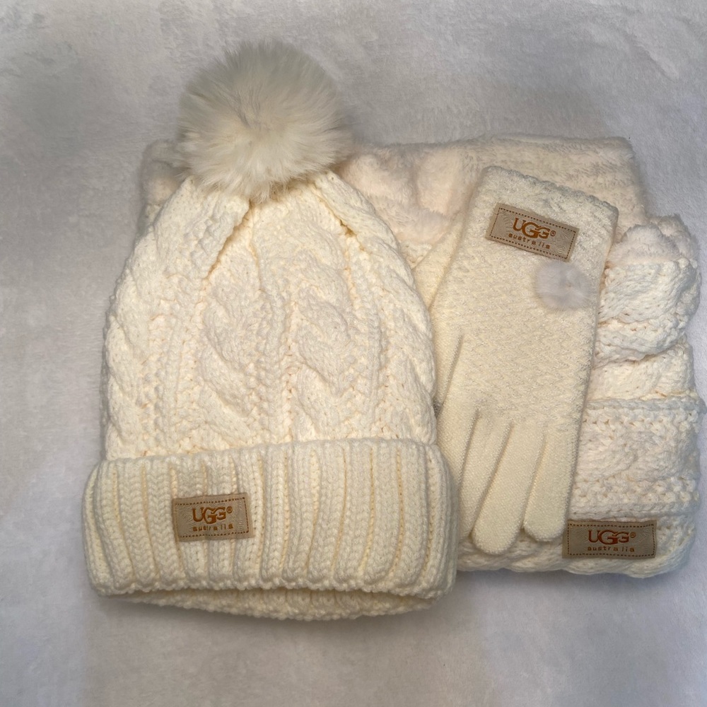 Ugg 3 piece. pompom hat with infinity scarf and gloves.